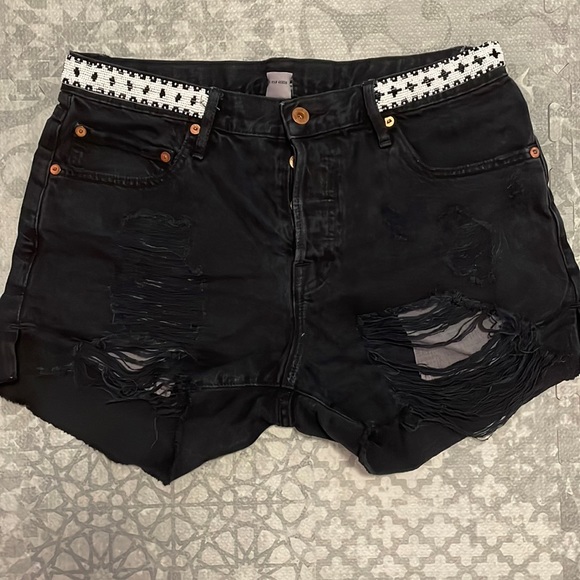 NSF Black Distressed Jean Shorts with Black and White Beading Sz 26 - Picture 1 of 4